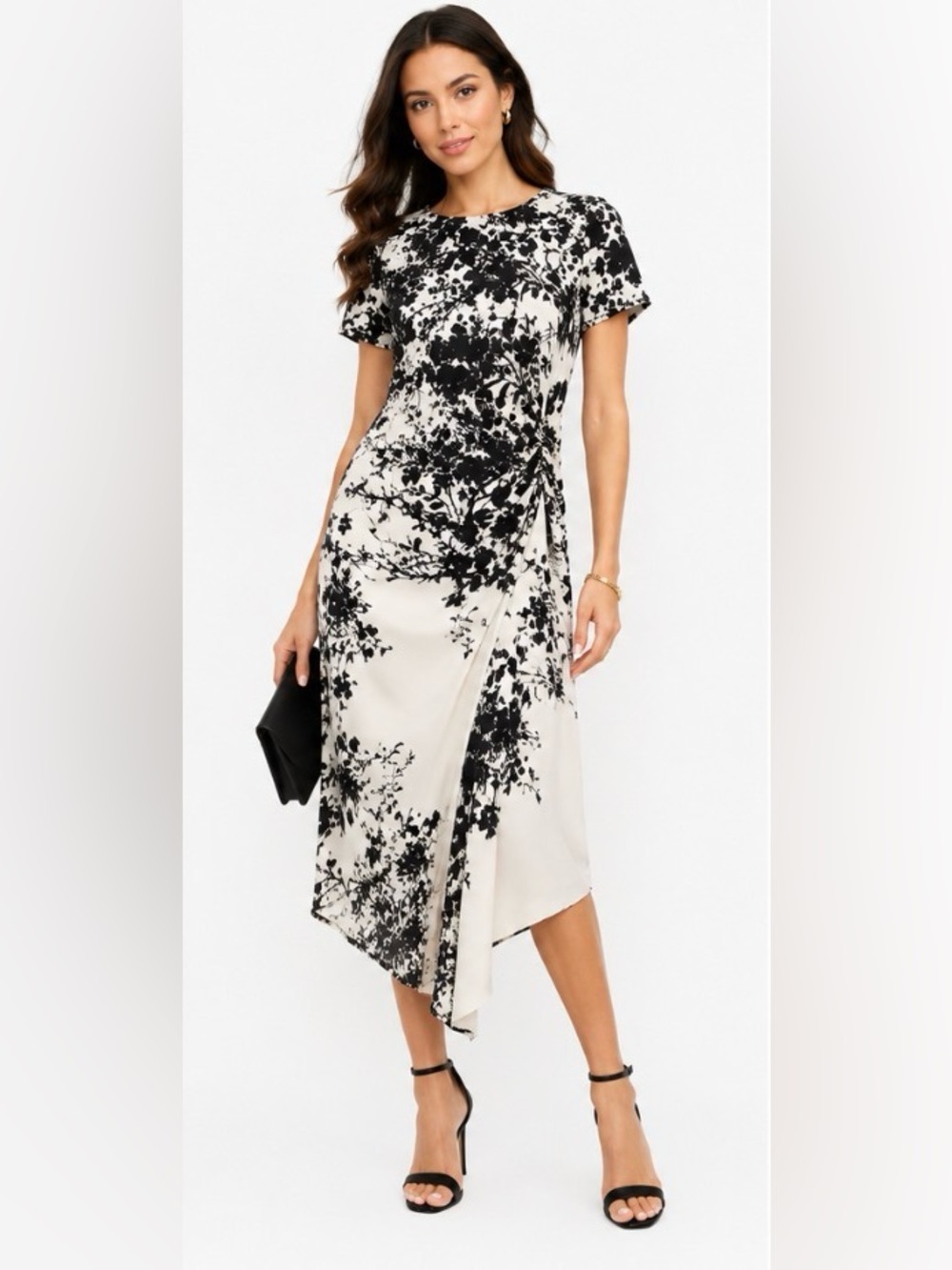 NWT Maggy London Size 8 Black Ivory Floral Ruched Asymmetrical Midi Dress